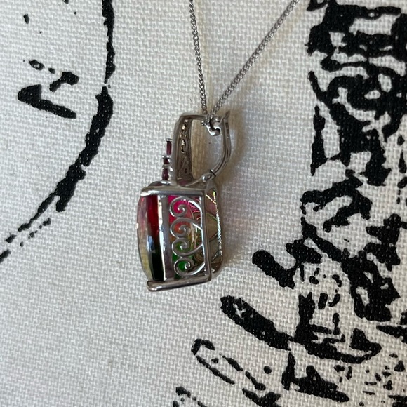 🍉 Watermelon Quartz, Orissa Rhondolite, Garnet Sterling Pendant w/ 20in Chain - Picture 8 of 11